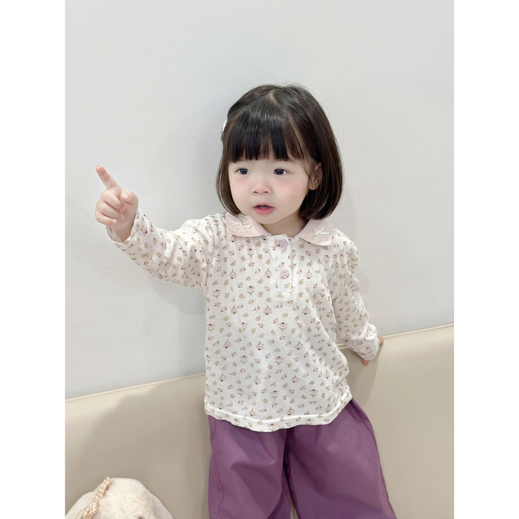 Set bộ polo dài tay bé gái Miniumbaby in hoa đính nơ cổ mix quần dài suông, chất cotton mềm SB2534