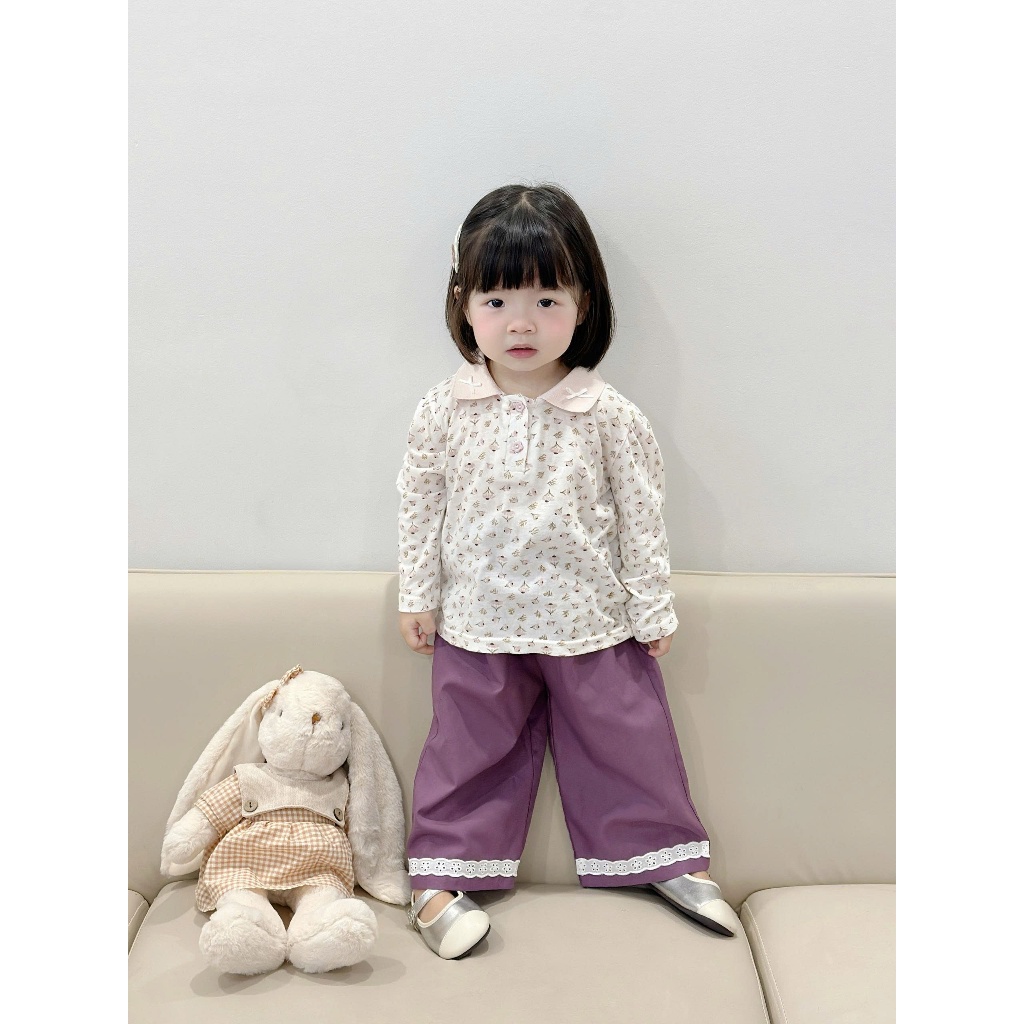 Set bộ polo dài tay bé gái Miniumbaby in hoa đính nơ cổ mix quần dài suông, chất cotton mềm SB2534