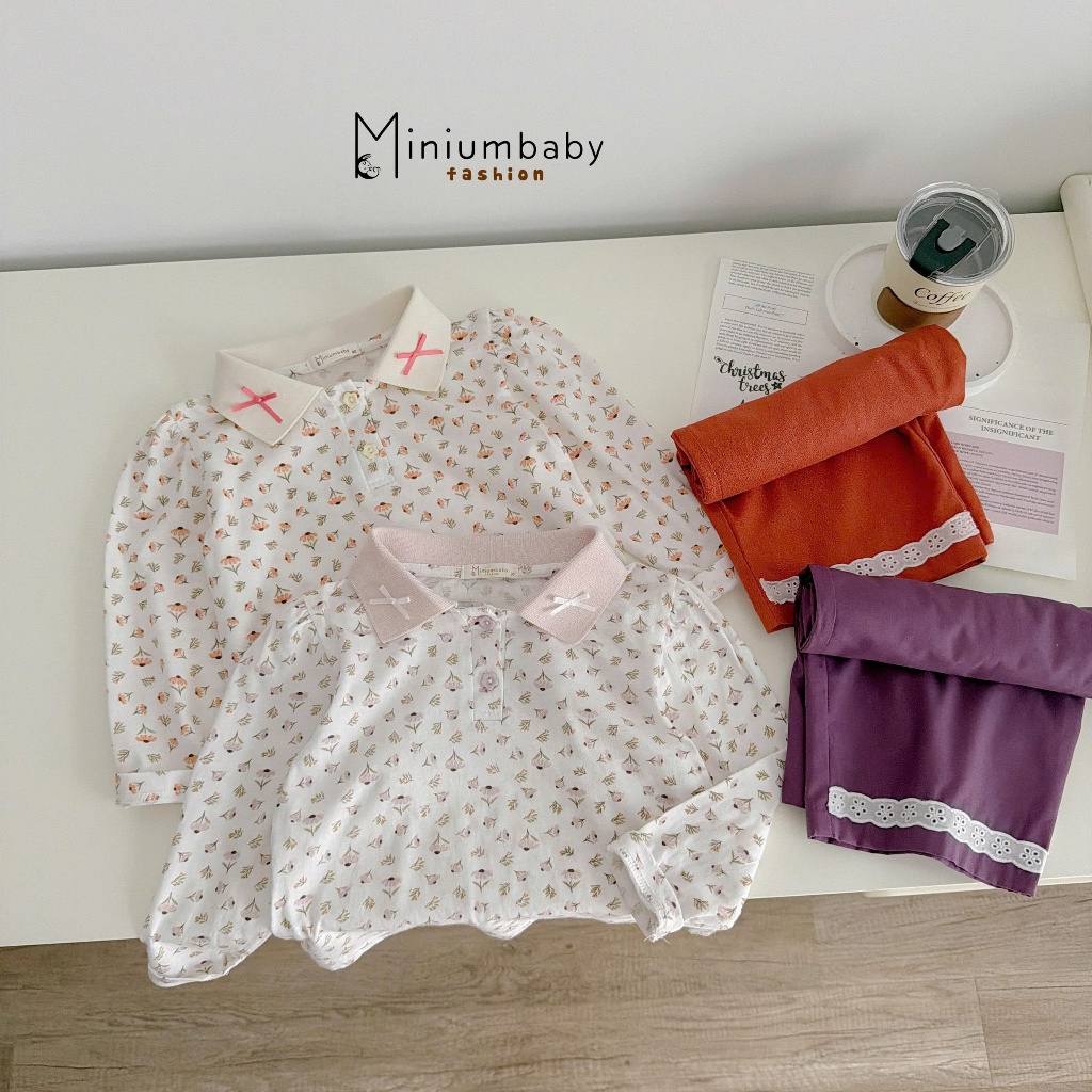 Set bộ polo dài tay bé gái Miniumbaby in hoa đính nơ cổ mix quần dài suông, chất cotton mềm SB2534