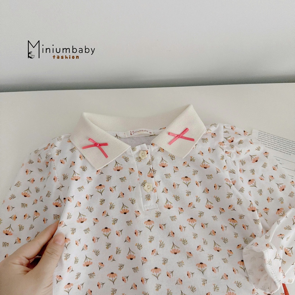 Set bộ polo dài tay bé gái Miniumbaby in hoa đính nơ cổ mix quần dài suông, chất cotton mềm SB2534