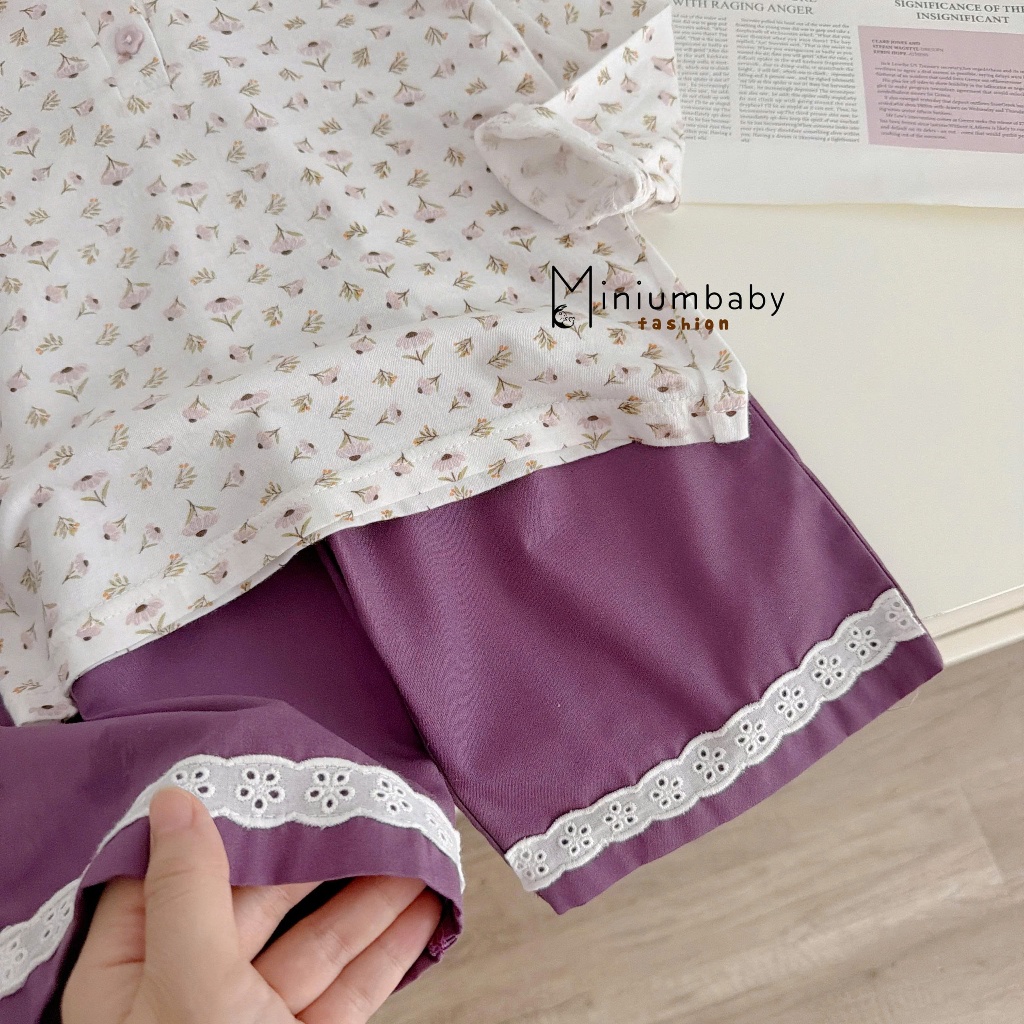 Set bộ polo dài tay bé gái Miniumbaby in hoa đính nơ cổ mix quần dài suông, chất cotton mềm SB2534