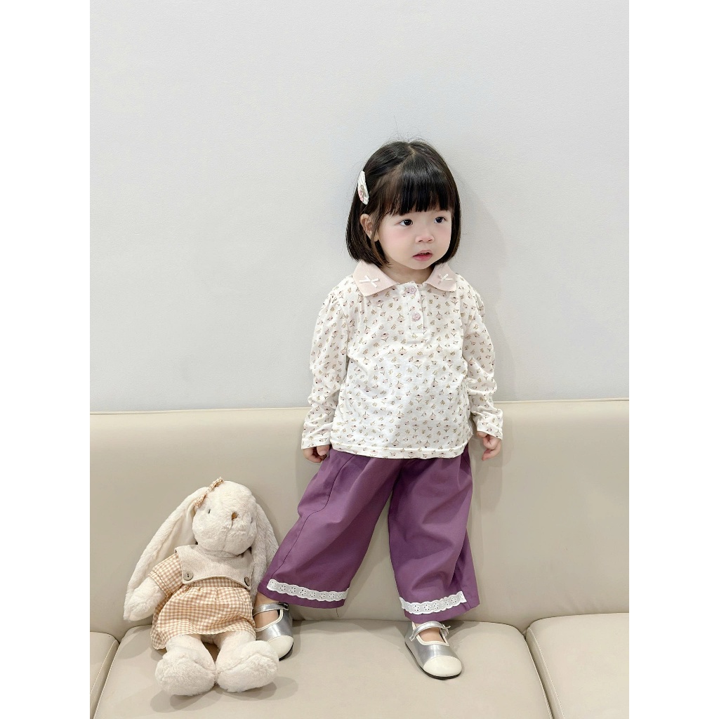 Set bộ polo dài tay bé gái Miniumbaby in hoa đính nơ cổ mix quần dài suông, chất cotton mềm SB2534