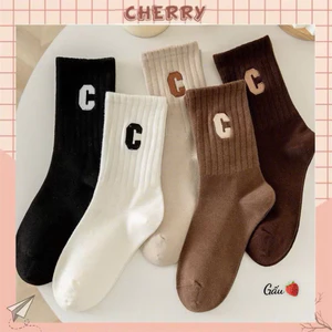 Set 10 đôi tất cổ cao màu nâu tây C phong cách