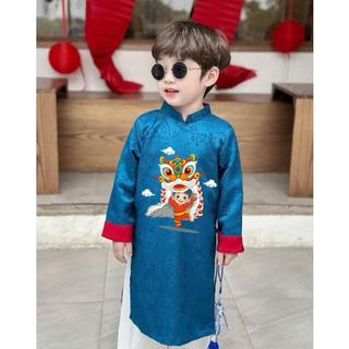 [KÈM QUẦN]Áo dài cách tân cho bé trai, Bộ áo dài bé trai lễ tết in hình chất lụa gấm 2 da cao cấp mềm mại DA11- BIATON