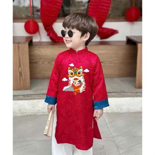 [KÈM QUẦN]Áo dài cách tân cho bé trai, Bộ áo dài bé trai lễ tết in hình chất lụa gấm 2 da cao cấp mềm mại DA11- BIATON