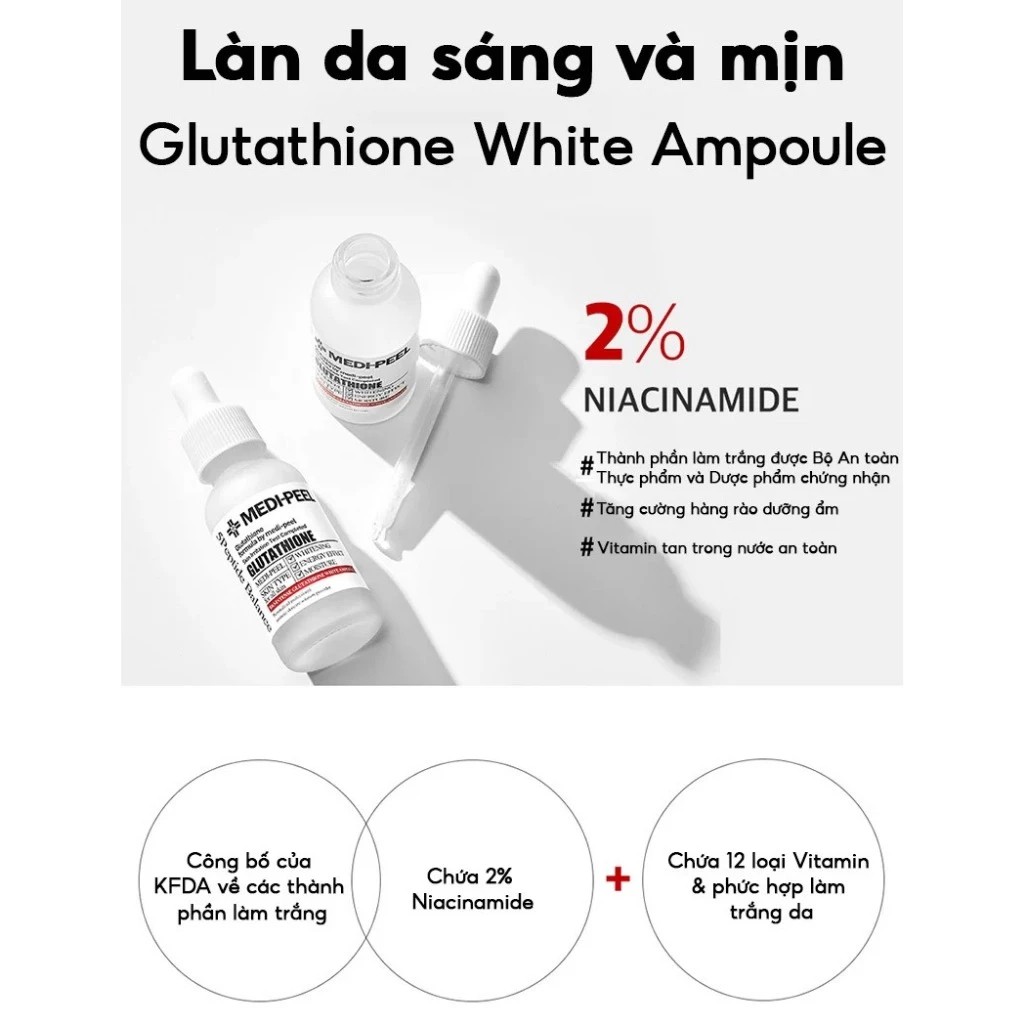 Serum dưỡng trắng da MEDI-PEEL Glutathione làm sáng làn da, phục hồi da bị cháy nắng, cấp ẩm tăng độ đàn hồi cho da 30ml