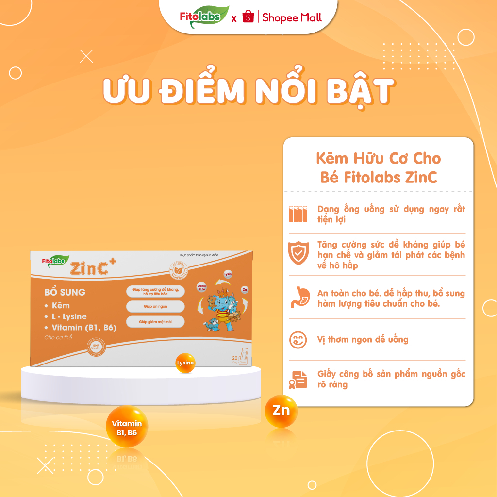 [CHÍNH HÃNG] Fitolabs ZinC Giúp Bé Ăn Ngon, Tăng Sức Đề Kháng,Tiêu Hóa Tốt, Tăng Hấp Thu Hộp 20 Ống