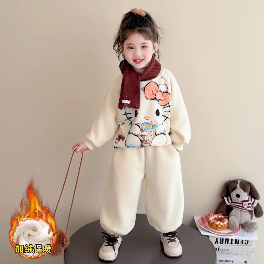 BỘ NỈ DÀY BÉ GÁI MẪU CÔ MÈO KITTY QUẦN BO GẤU CÓ TÚI QUẦN SZ 14- 43 KG