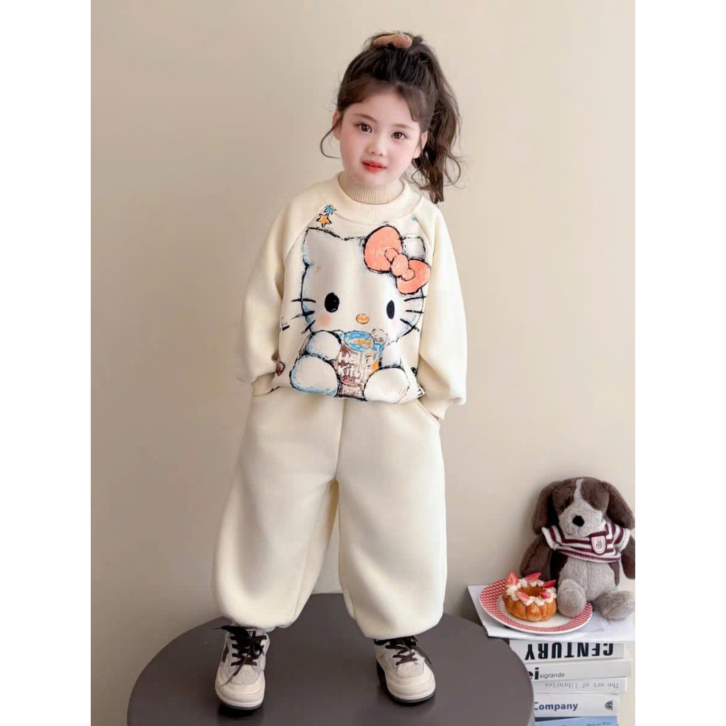 BỘ NỈ DÀY BÉ GÁI MẪU CÔ MÈO KITTY QUẦN BO GẤU CÓ TÚI QUẦN SZ 14- 43 KG