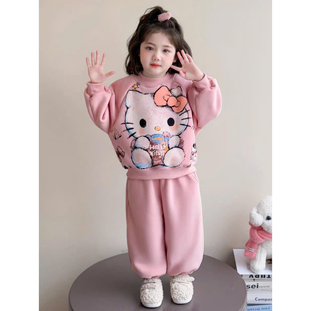 BỘ NỈ DÀY BÉ GÁI MẪU CÔ MÈO KITTY QUẦN BO GẤU CÓ TÚI QUẦN SZ 14- 43 KG