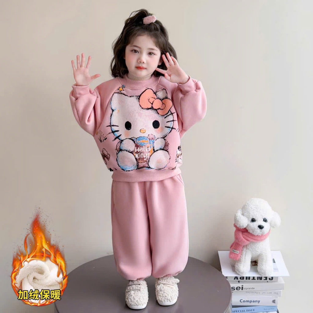 BỘ NỈ DÀY BÉ GÁI MẪU CÔ MÈO KITTY QUẦN BO GẤU CÓ TÚI QUẦN SZ 14- 43 KG