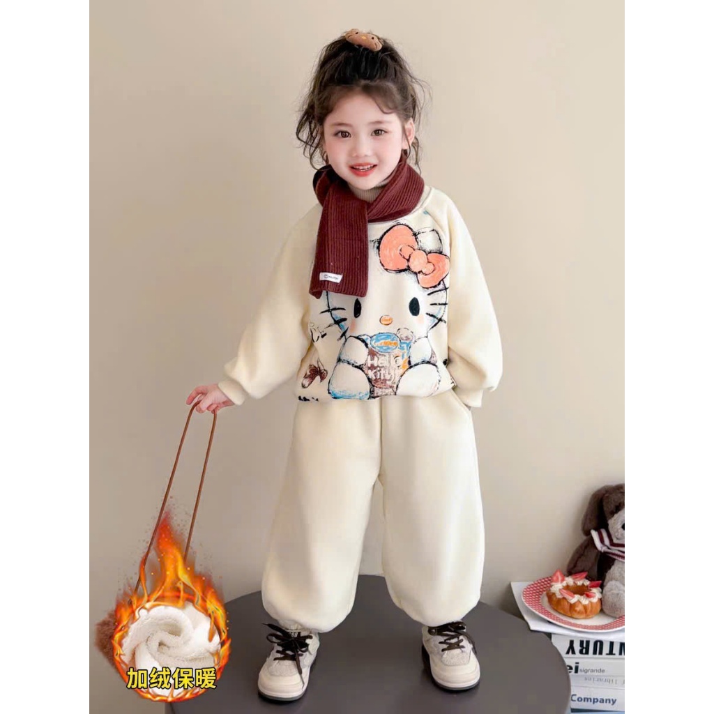 BỘ NỈ DÀY BÉ GÁI MẪU CÔ MÈO KITTY QUẦN BO GẤU CÓ TÚI QUẦN SZ 14- 43 KG