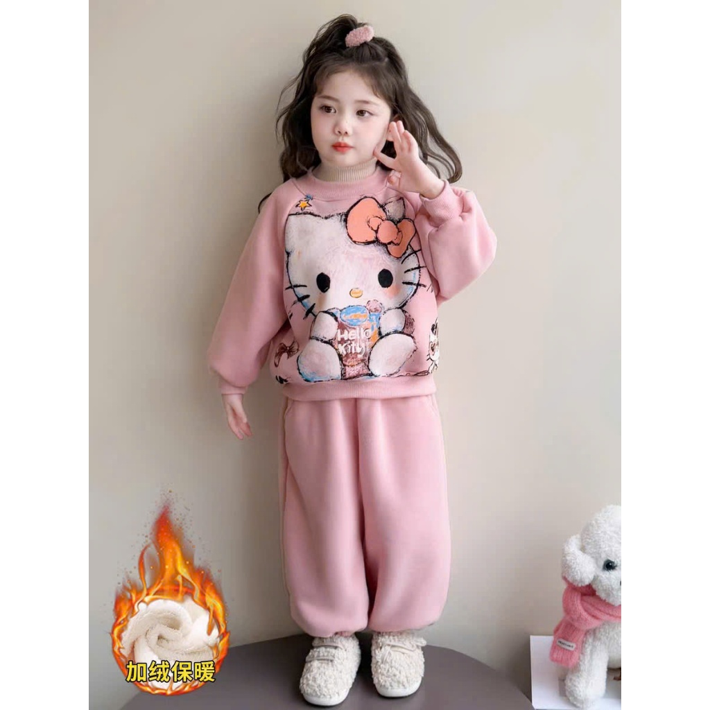 BỘ NỈ DÀY BÉ GÁI MẪU CÔ MÈO KITTY QUẦN BO GẤU CÓ TÚI QUẦN SZ 14- 43 KG