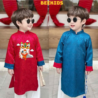 Sét áo Dài cho bé trai mặc tết, bộ áo dài nam chất lụa gấm in hình lân dịp lễ tết, đi chơi, lễ hội DA10 - BEEKIDS