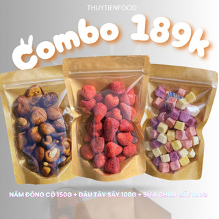 THUYTIENFOOD Combo 3 Túi Dâu tây sấy + Sữa chua + Nấm Đông cô Siêu VIP vị chua ngọt, trái cây