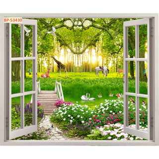 Tranh dán tường 3D khung cửa sổ phong cảnh đẹp, tạo không gian mở