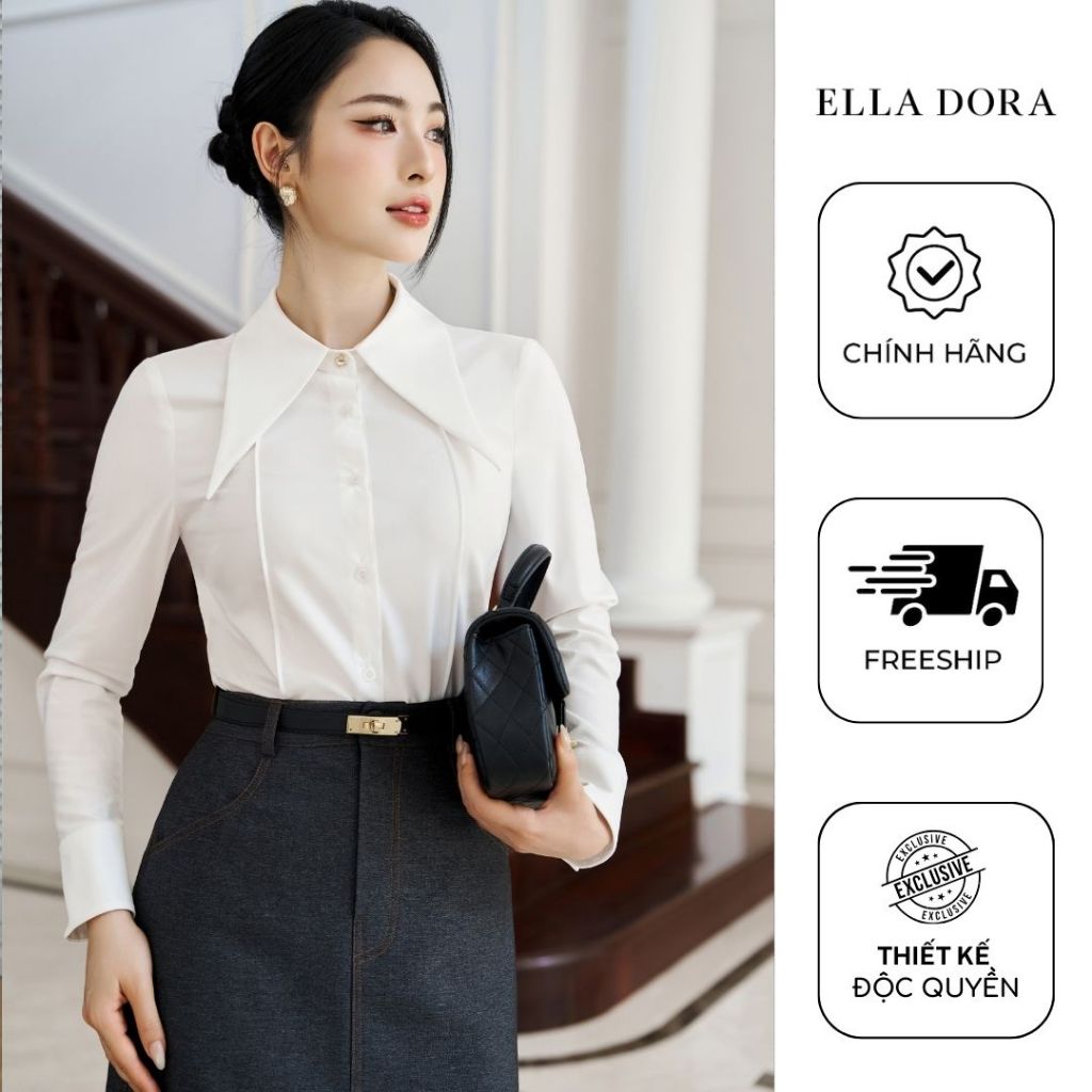 Sơ mi nữ ELLA DORA cổ nhọn form ôm nhẹ tôn dáng thanh lịch phong cách công sở màu TRẮNG [SM167]