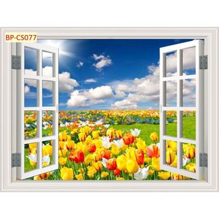 Tranh dán tường 3D khung cửa sổ phong cảnh đẹp, tạo không gian mở