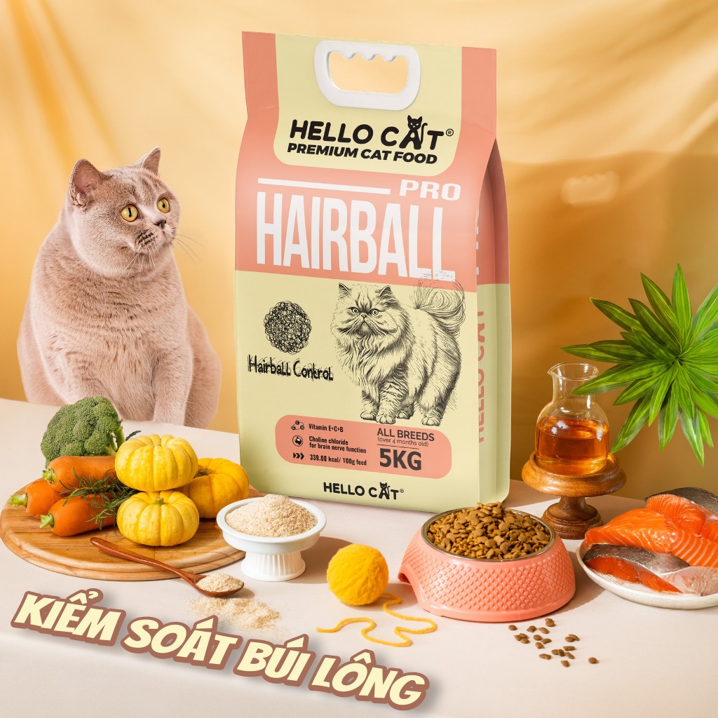 Hạt Cho Mèo Hello Cat Hairball Túi 5kg – Hạt Dinh Dưỡng Hỗ Trợ Kiểm Soát Búi Lông Cho Mèo