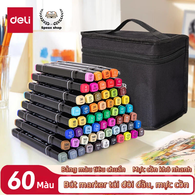 Bút Marker Cồn 2 Đầu Deli Màu Đậm, Dễ Blend, Khô Nhanh Kèm Túi Vải 30/40/60/80 Màu Vẽ Chuyên Nghiệp
