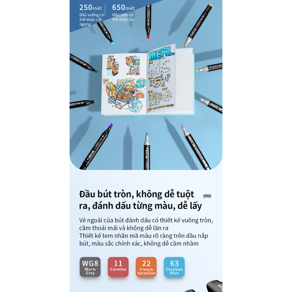 Bút Marker Cồn 2 Đầu Deli Màu Đậm, Dễ Blend, Khô Nhanh Kèm Túi Vải 30/40/60/80 Màu Vẽ Chuyên Nghiệp