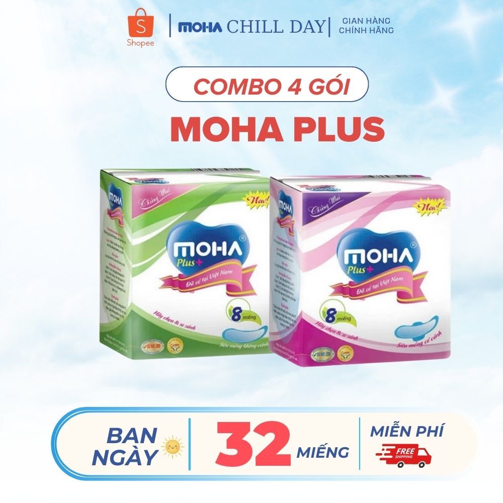 COMBO 4 GÓI  băng vệ sinh MOHA Plus loại ban ngày có cánh và không cánh, hộp 8 miếng an toàn cho da