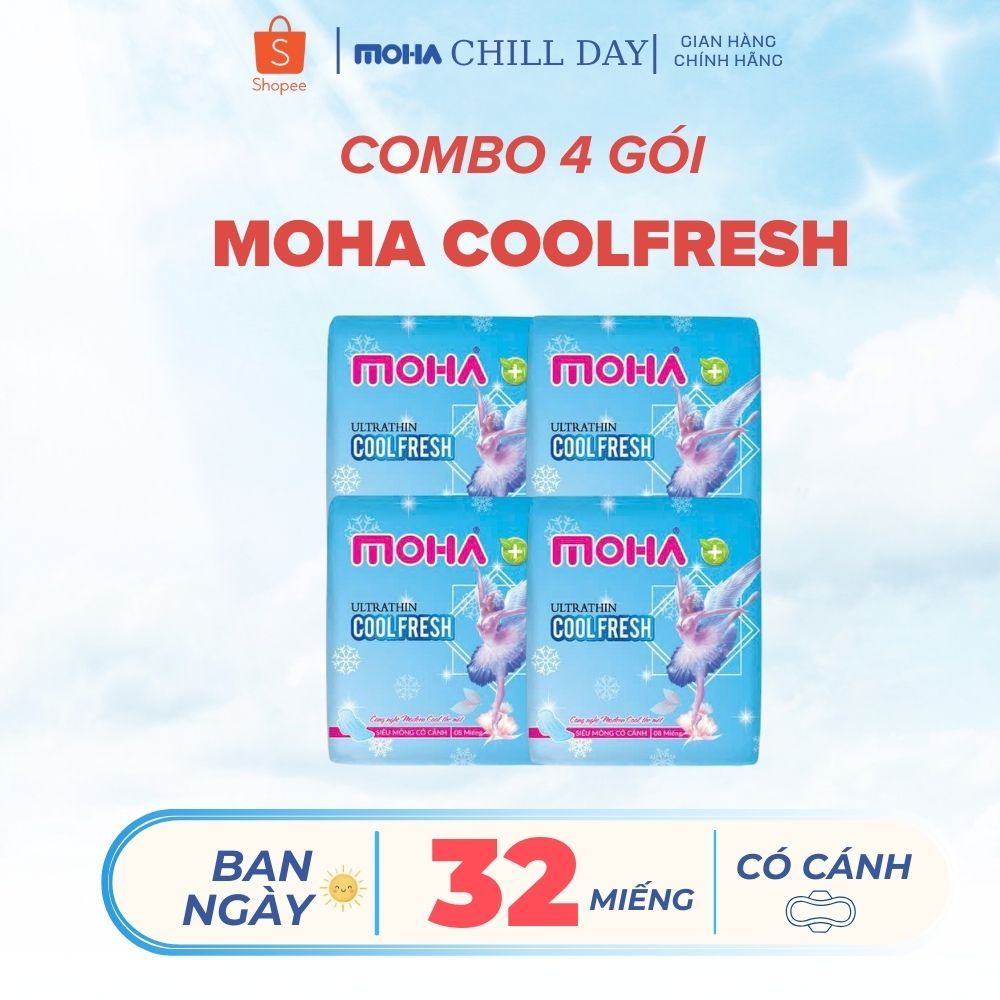 COMBO 4 GÓI băng vệ sinh có cánh MOHA COOL FRESH, tinh chất bạc hà the mát dễ chịu an toàn cho da
