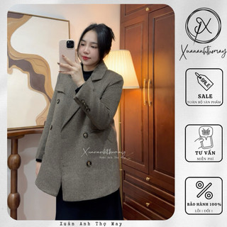 Áo dạ cổ vest trần trám nâu nhạt xương cá dáng ngắn (75cm) - Xuananhthomay