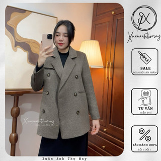 Áo dạ cổ vest trần trám nâu nhạt xương cá dáng ngắn (75cm) - Xuananhthomay