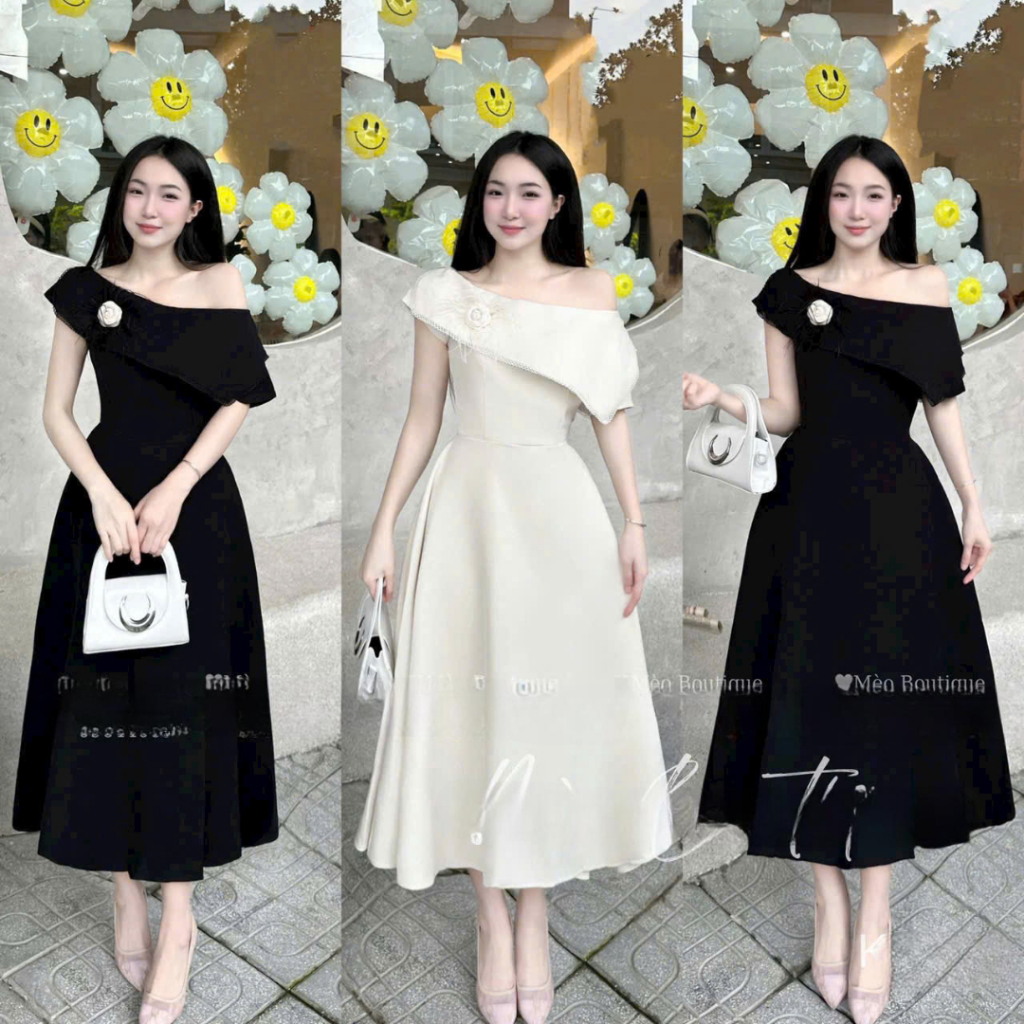 Đầm lệch vai manggo phối ren sang trọng dáng xòe tôn dáng – đầm dự tiệc, đầm đi sự kiện, form cực đẹp ht