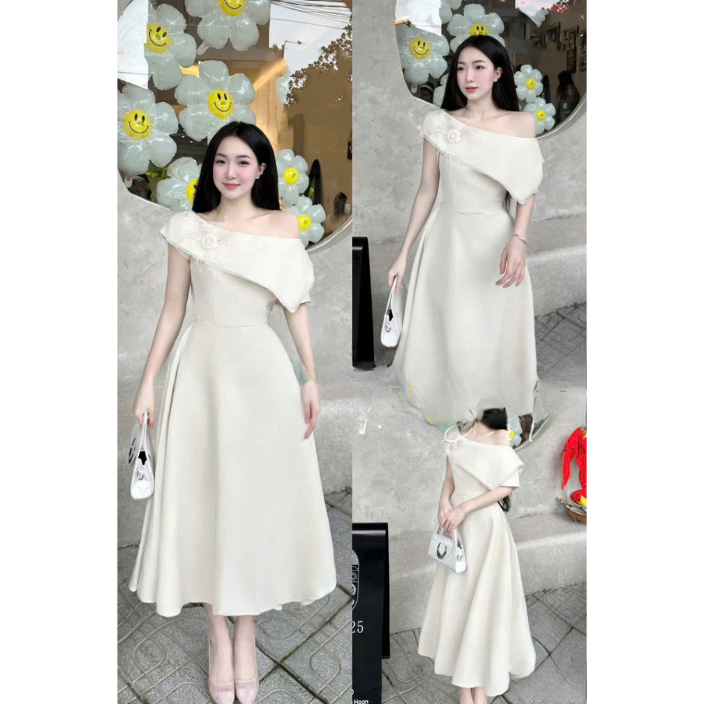 Đầm lệch vai manggo phối ren sang trọng dáng xòe tôn dáng – đầm dự tiệc, đầm đi sự kiện, form cực đẹp ht