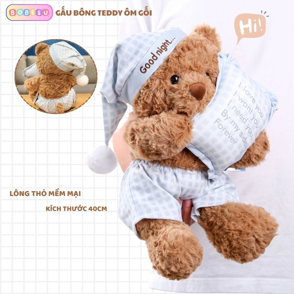 Gấu Bông Teddy Ôm Gối Mặc Đồ Ngủ Dễ Thương,Thú Nhồi Bông Đội Mũ Good Night Cao Cấp Quà Tặng Sinh Nhật Cho Bé,Bạn Gái
