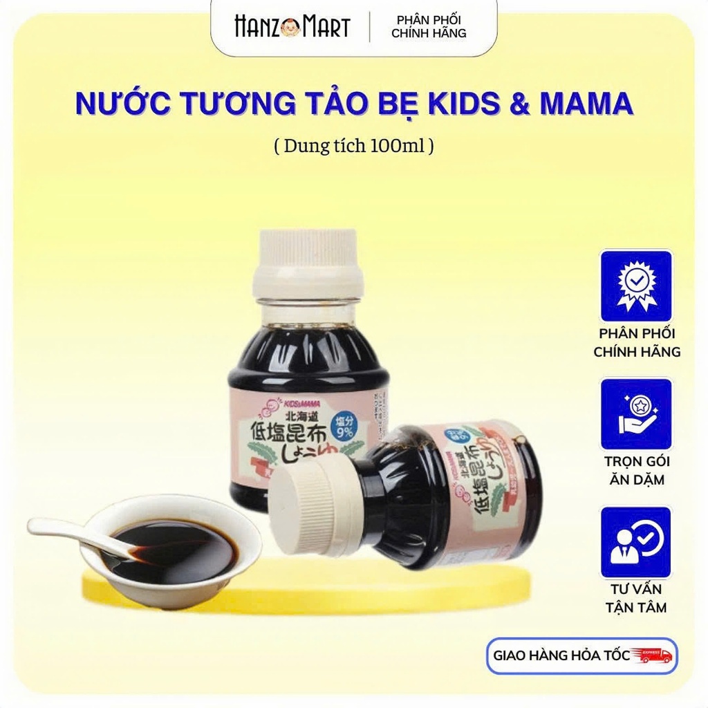 Nước tương tách muối cho bé ăn dặm tảo bẹ Kids & Mama Nhật Bản 100ml - hanzomart