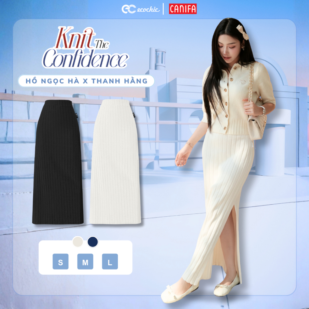 [ECOCHIC x CANIFA] Chân Váy Len Dáng Dài Xẻ Tà Một Bên Dệt Gân Cao Cấp Mềm Mịn Chính Hãng HNH EC04
