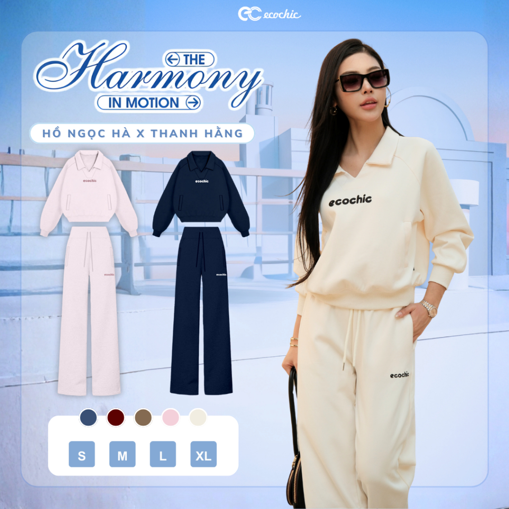 Set Bộ ECOCHIC Áo Nỉ Mịn Cổ Bẻ Túi Đựng Hai Bên Quần Suông Basic Cao Cấp Mềm Mịn Chính Hãng HNH B207