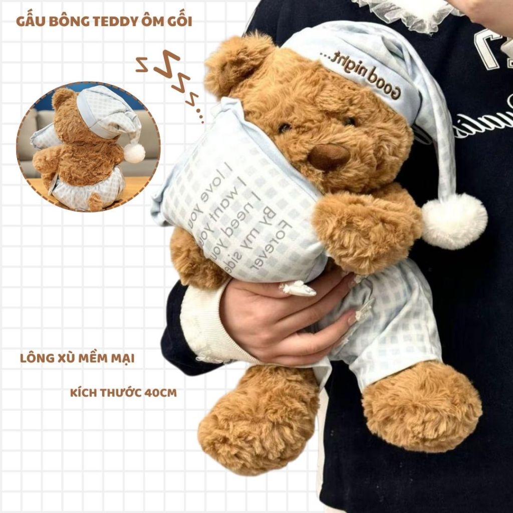 Gấu bông teddy ôm gối ngủ dễ thương, Thú nhồi bông teddy đồ ngủ lồng cừu cao cấp làm quà tặng sinh nhật hay gấu ôm ngủ