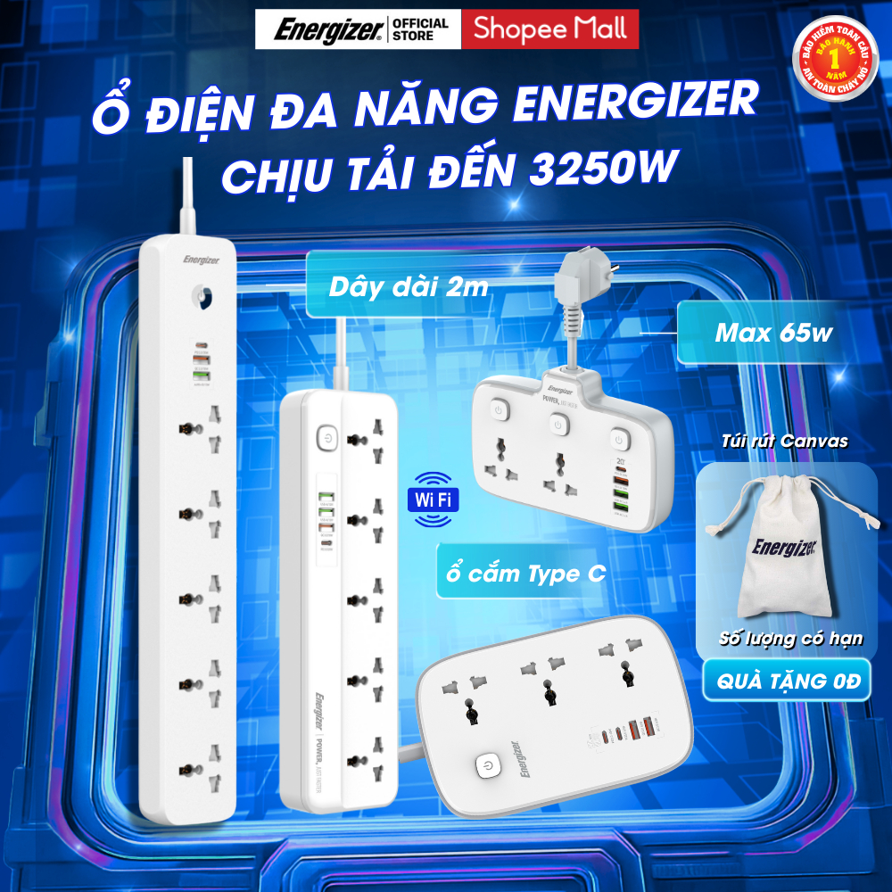 Ổ Điện Đa Năng Energizer, Ổ Cắm Điện Sạc Nhanh Type-C Chịu Tải Đến 3250W, Chính hãng, Bảo hành 1 năm