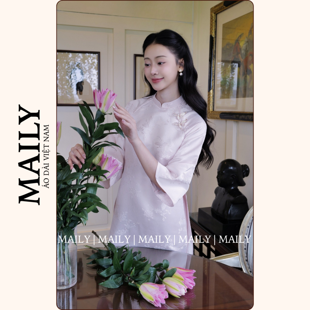 Áo Dài Mai Chi Dáng Cách Tân Đính Charm Xinh Xắn Gấm Châu Sa Họa Tiết Bướm - ÁO DÀI MAILY