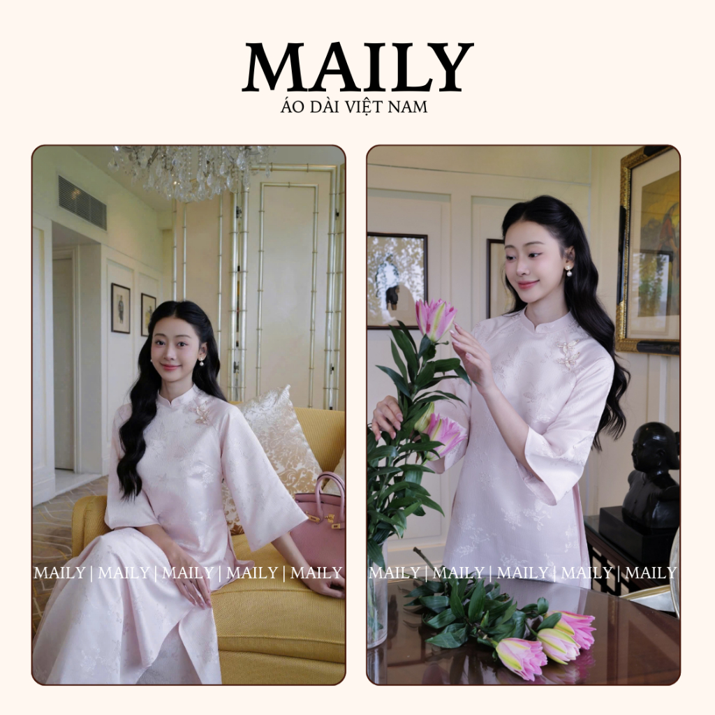 Áo Dài Mai Chi Dáng Cách Tân Đính Charm Xinh Xắn Gấm Châu Sa Họa Tiết Bướm - ÁO DÀI MAILY