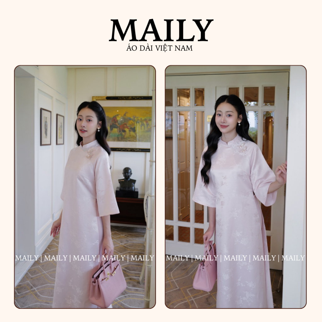 Áo Dài Mai Chi Dáng Cách Tân Đính Charm Xinh Xắn Gấm Châu Sa Họa Tiết Bướm - ÁO DÀI MAILY