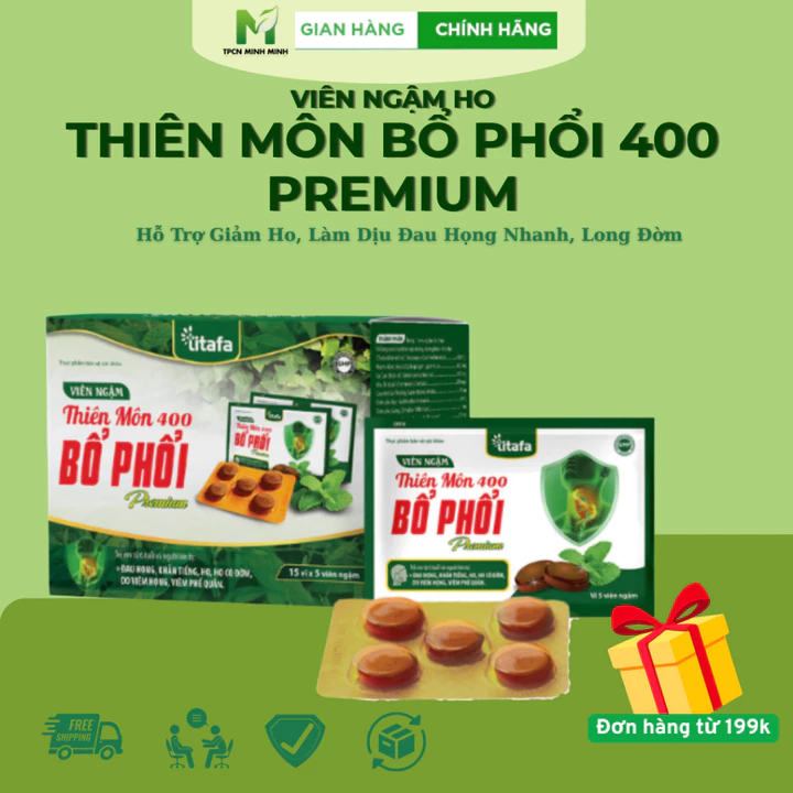 Viên Ngậm ho Thiên Môn Bổ Phổi 400 Premium, Hỗ Trợ Giảm Ho, Làm Dịu Đau Họng Nhanh, Long Đờm