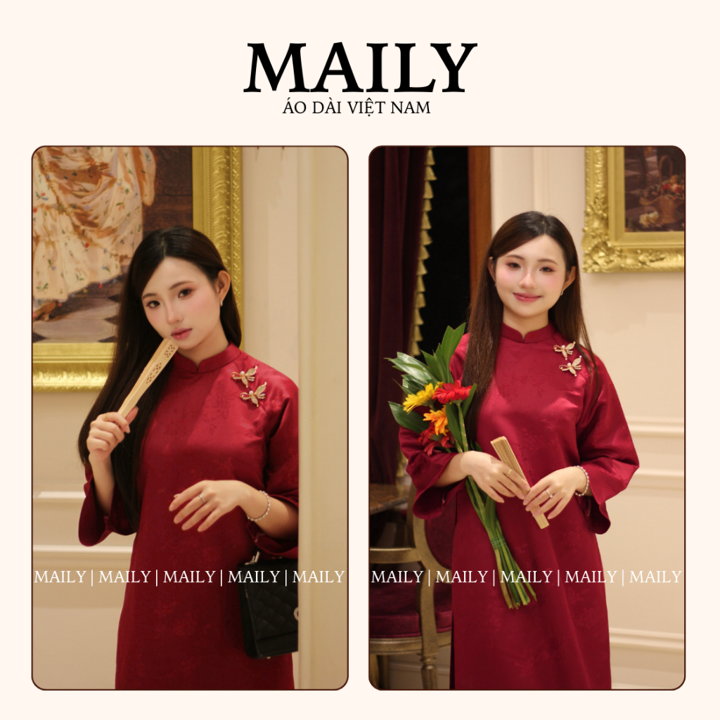 Áo Dài Cách Tân Mai Chi Gấm Châu Sa Đính Charm Tinh Tế Vải Thêu Bướm - ÁO DÀI MAILY