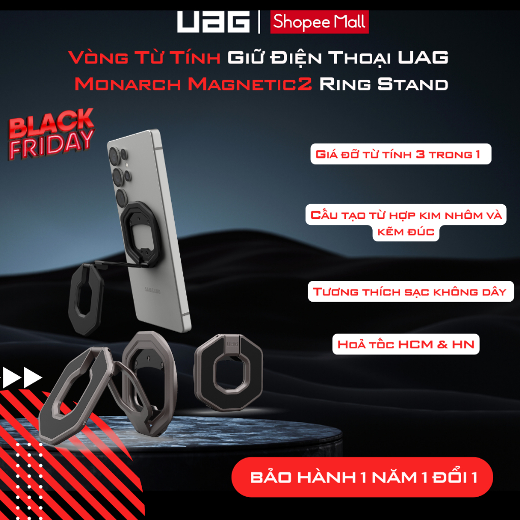 Vòng Giữ Điện Thoại UAG Monarch Magnetic2 Ring Stand – Giá Đỡ Từ Tính 3 Trong 1 Tiện Lợi
