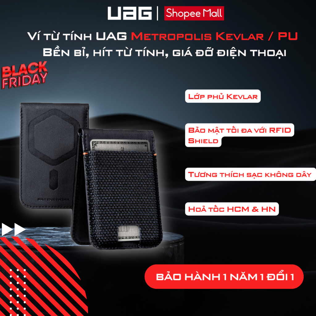 Ví từ tính UAG Metropolis Kevlar / PU Bền bỉ, hít từ tính, giá đỡ điện thoại thông minh, tiện lợi