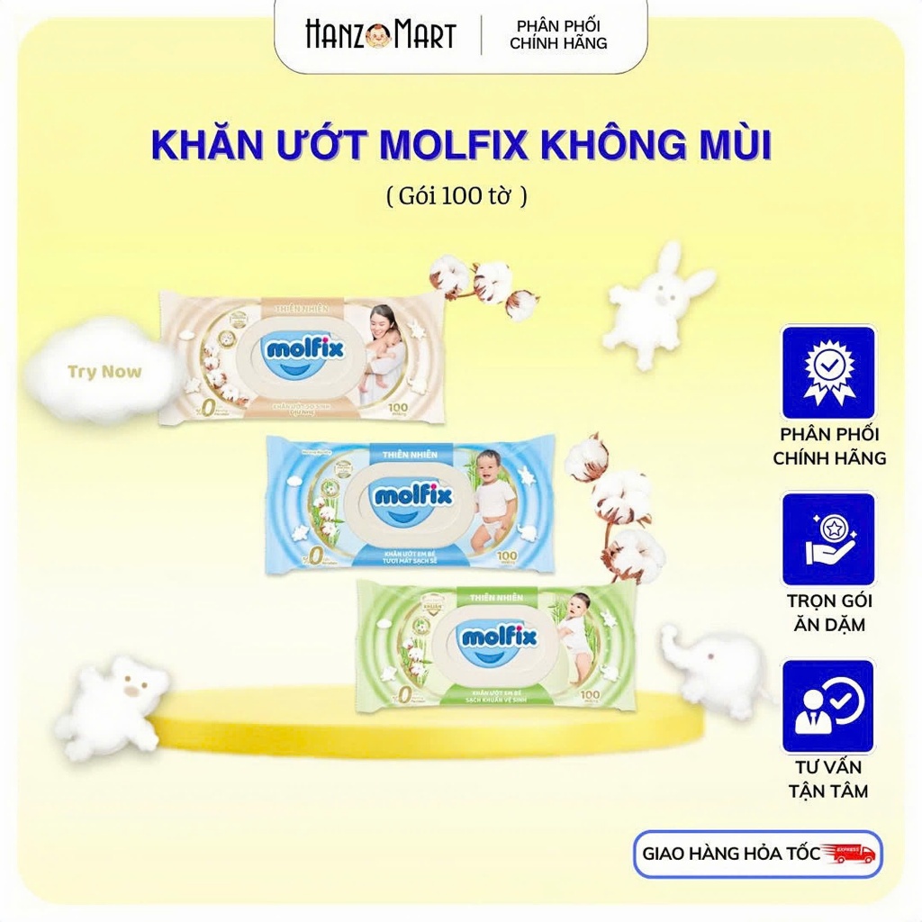 Khăn ướt Molfix thiên nhiên sạch khuẩn dịu nhẹ tươi mát với bông Organic tự nhiên ( hộp 100 tờ )