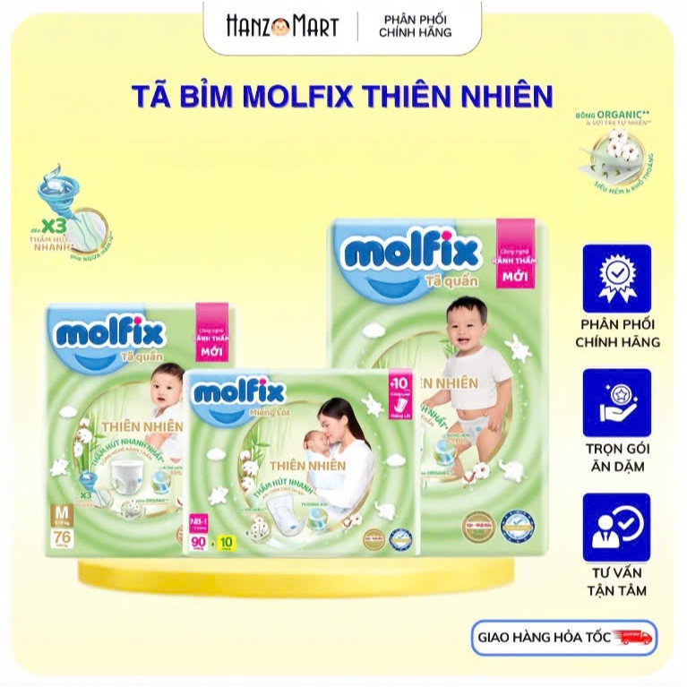 Tã Bỉm Molfix Thiên nhiên Ultra Cộng Miếng quần / dán đủ size NB74/S88/M82/L76/XL70/XXL64