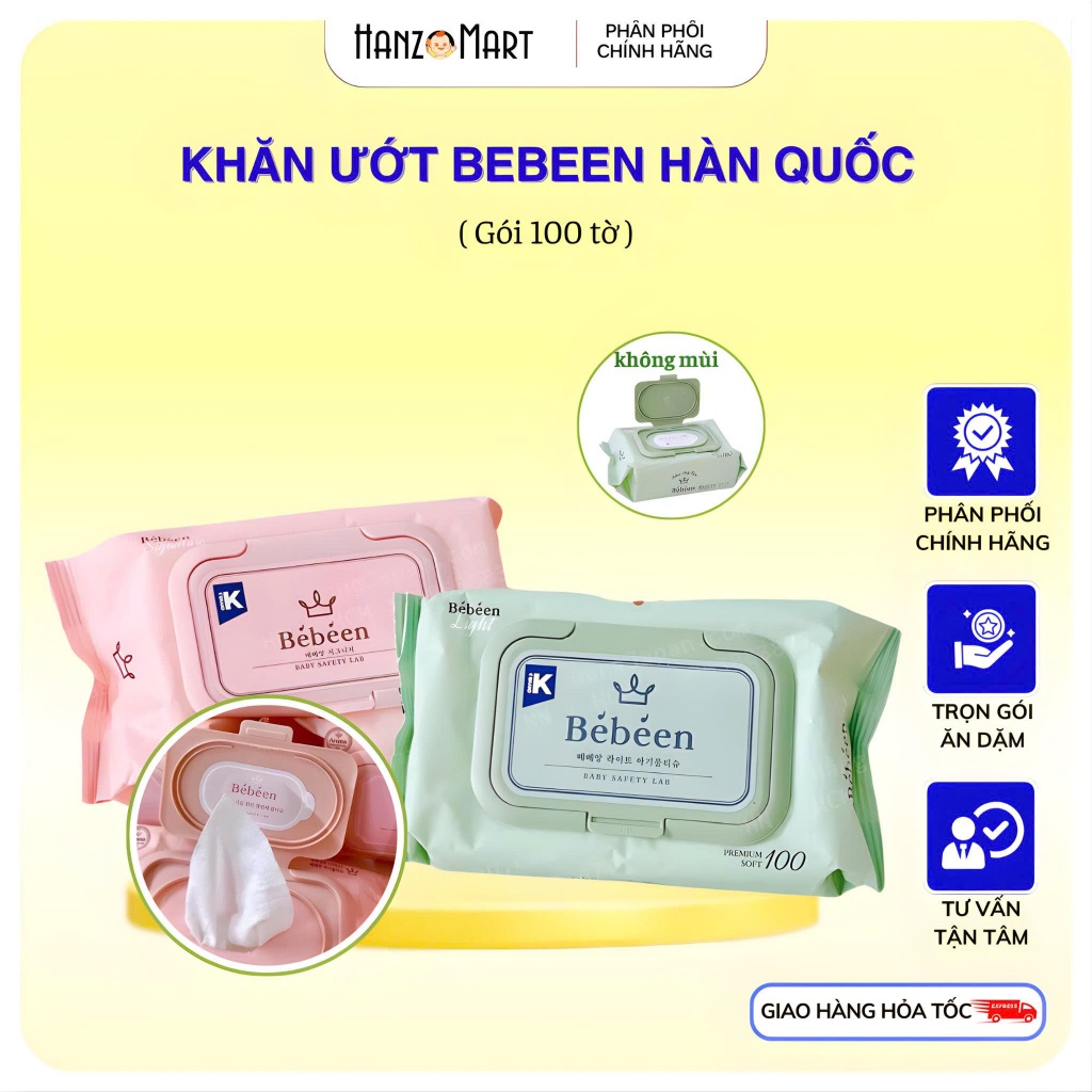 Khăn ướt Bebeen Hàn Quốc 100 tờ không mùi Hồng / xanh cho bé trẻ em