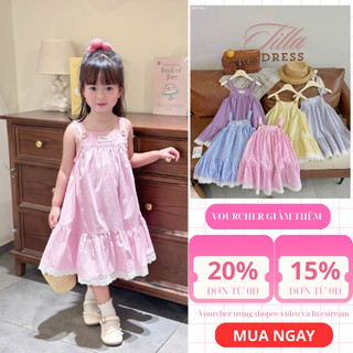 Váy Bé Gái Tila AZD565 Cotton Mềm Mịn – Váy Xòe Công Chúa Dây Vai Có Nút, Viền Ren Thêu