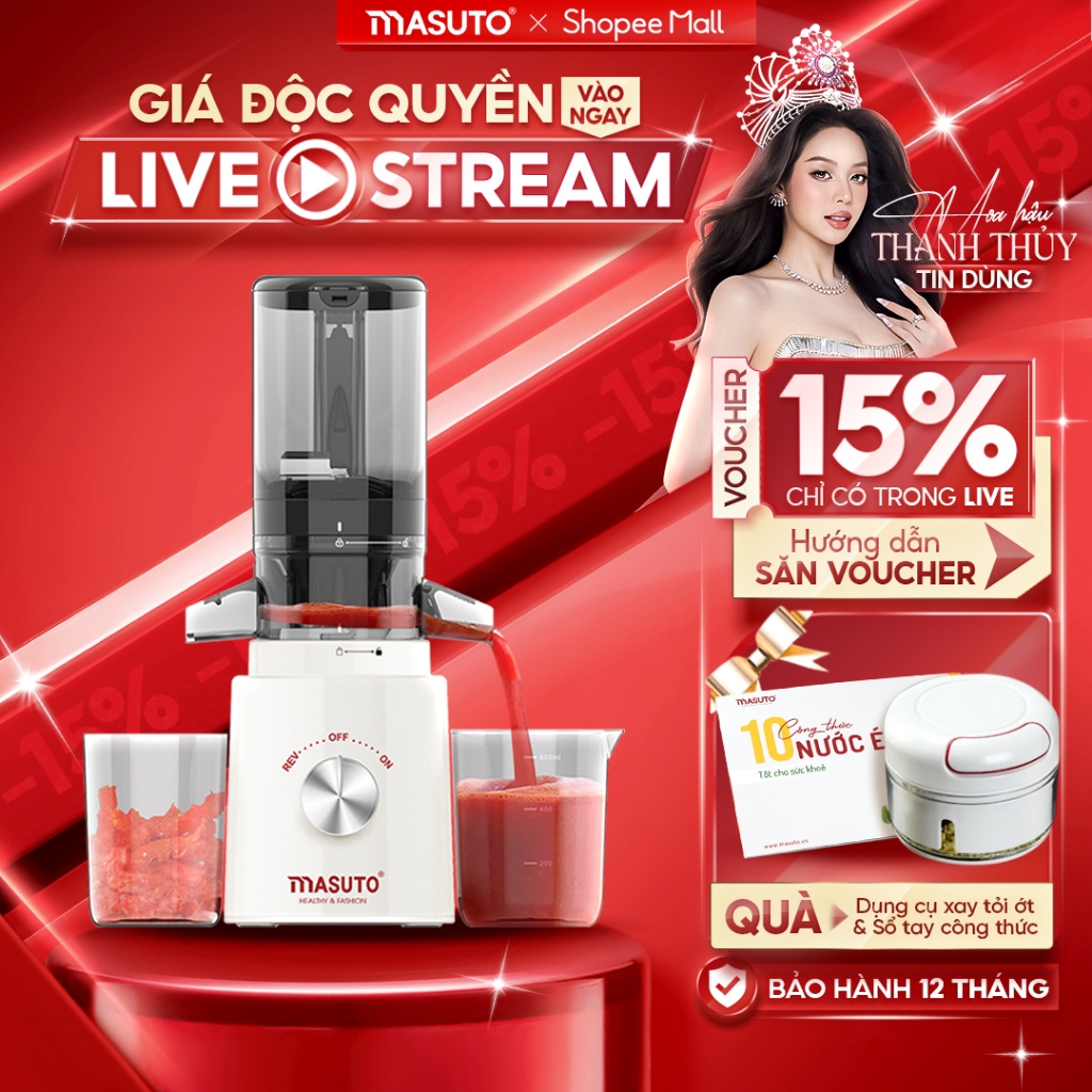 Máy Ép Chậm Masuto  Ms Healthy Ép Trái Cây Nguyên Quả Kiệt Bã Dung Tích 0,6L Làm Nước Ép