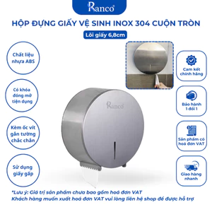 Hộp đựng giấy vệ sinh cuộn lớn tròn công cộng RANCO chất liệu inox 304 gắn tường bền đẹp KT - 402